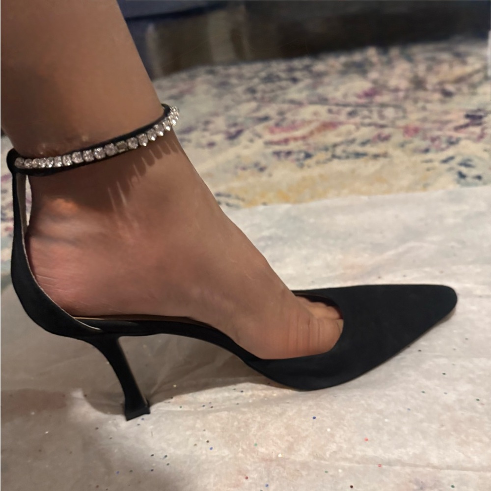 Ann Taylor Black Heels with Rhinestone Strap